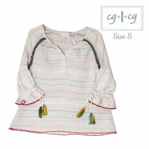 CG L CG Boho Peasant Blouse Size S Stripe Tassel Sleeve Festival Cottagecore